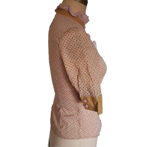 Cute ruffled Penguin pink and tan geometric print button down cotton shirt top - Picture 6 of 11